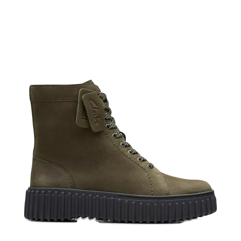Side (right) view of Clarks Torhill Rise Side Zip Lace Boot for women.