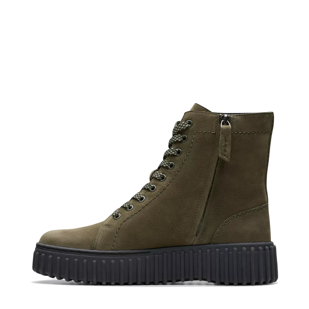 Side (left) view of Clarks Torhill Rise Side Zip Lace Boot for women.
