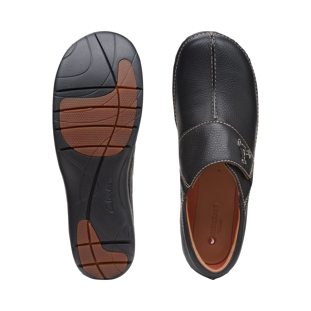Top-down and bottom view of Clarks Un Loop Ave Smooth Leather Slip On for women.