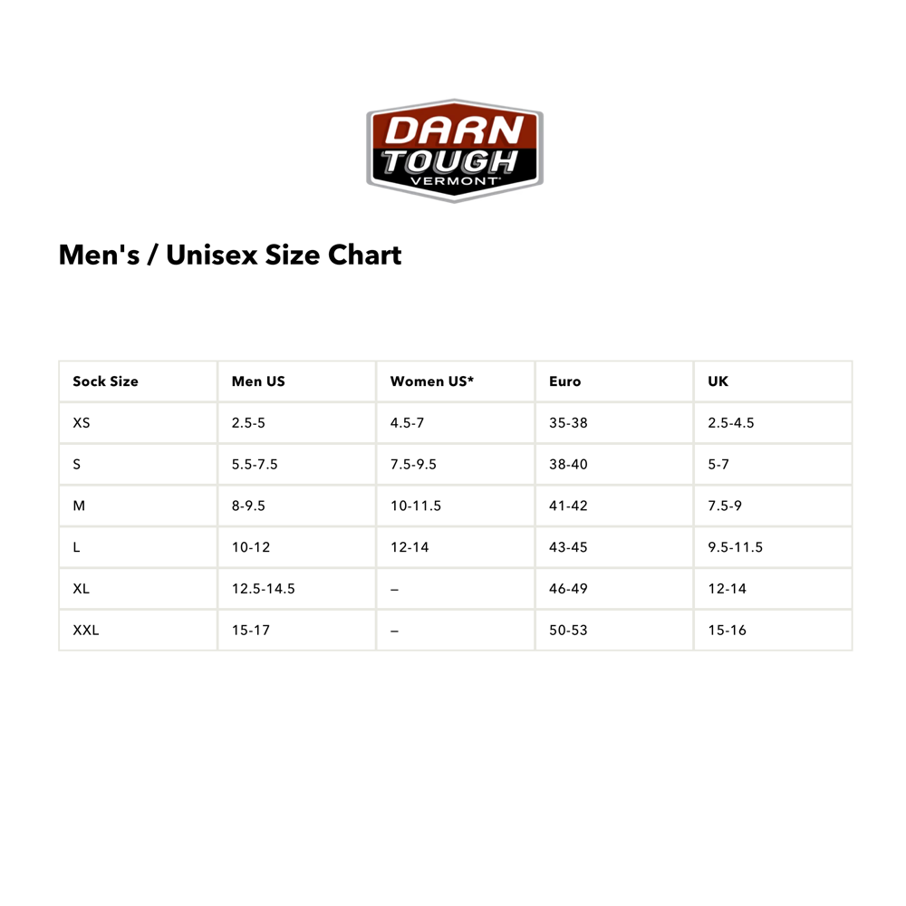 Darn Tough sizing chart.
