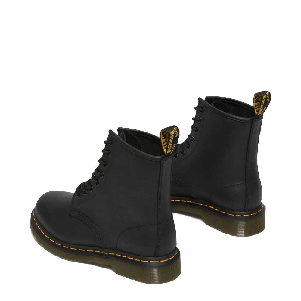 Heel view of Dr. Marten 1460 8 Eye Greasy Leather Lace Boot for men.