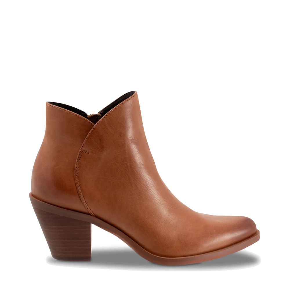 Side (right) view of EOS Footwear Ellie Heeled Leather Side Zip Boot for women.