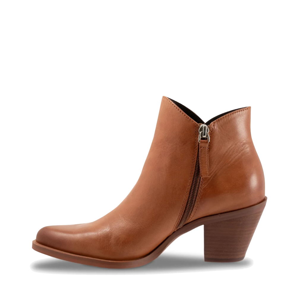Side (left) view of EOS Footwear Ellie Heeled Leather Side Zip Boot for women.