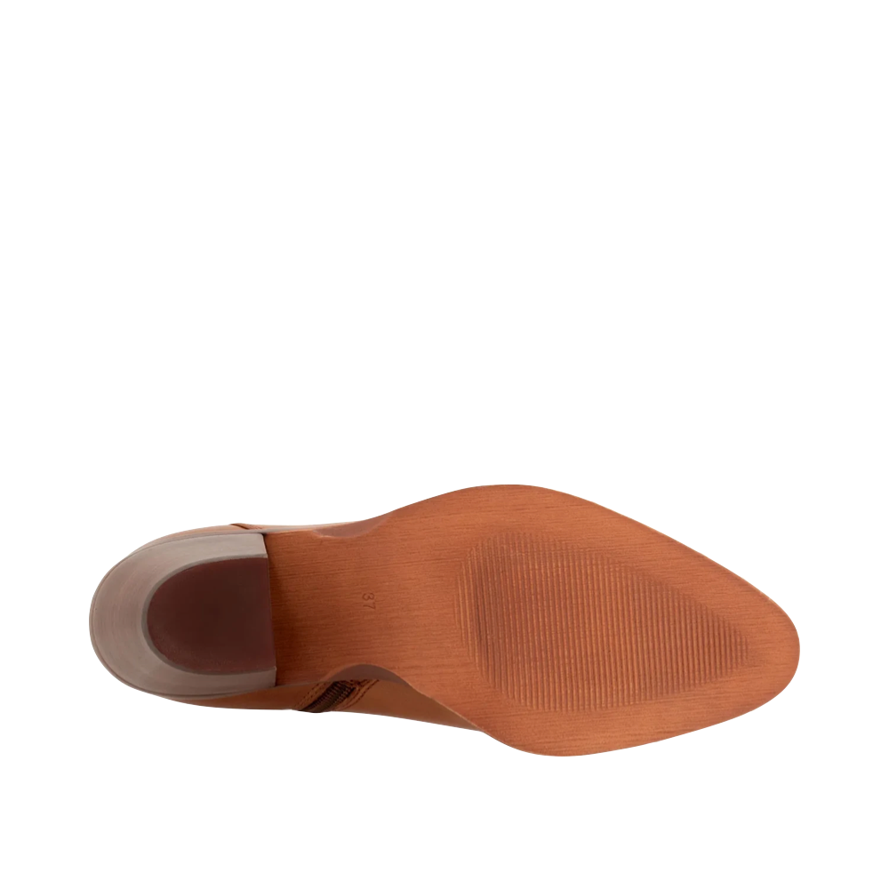 Bottom view of EOS Footwear Ellie Heeled Leather Side Zip Boot for women.