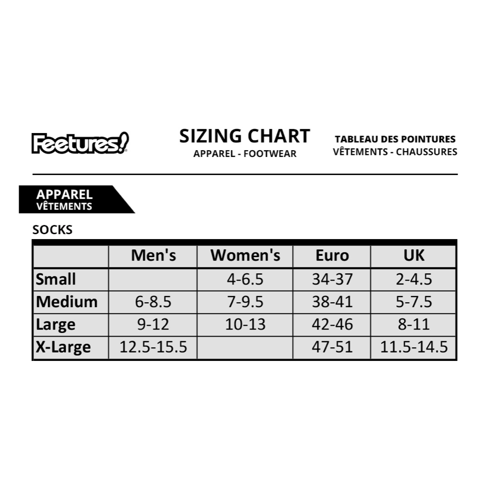 Feetures sizing chart.
