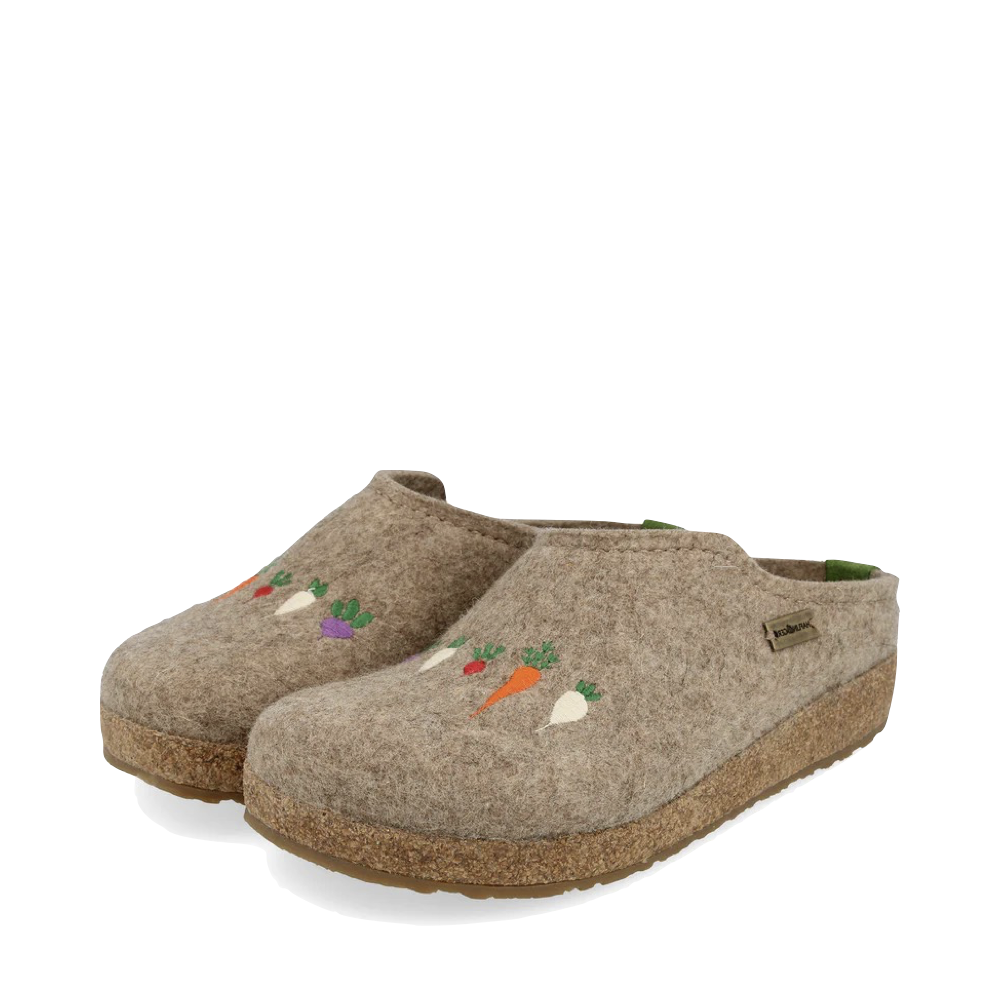 Reverse Mudguard and Toe view of Haflinger Roots Wool Clog for women.