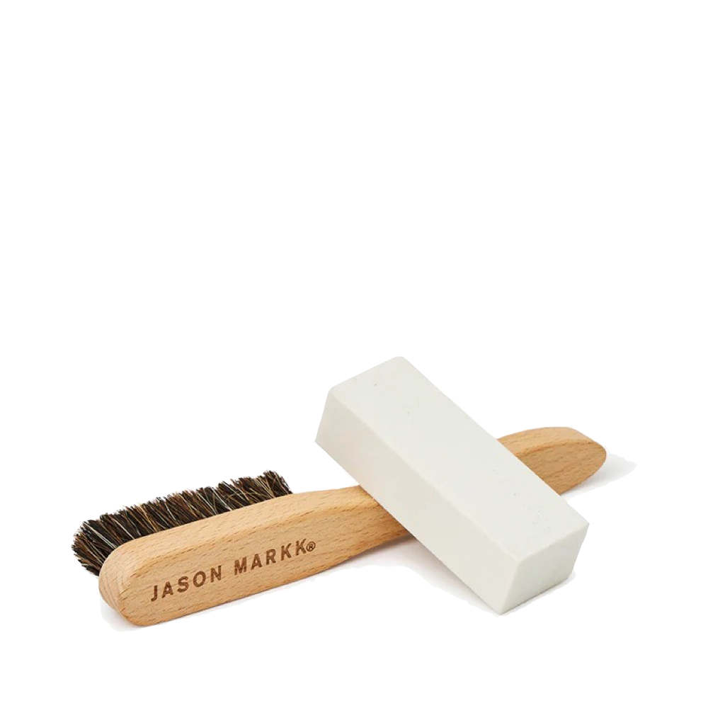 Back and side view of Jason Markk Premium Suede Cleaning Kit.