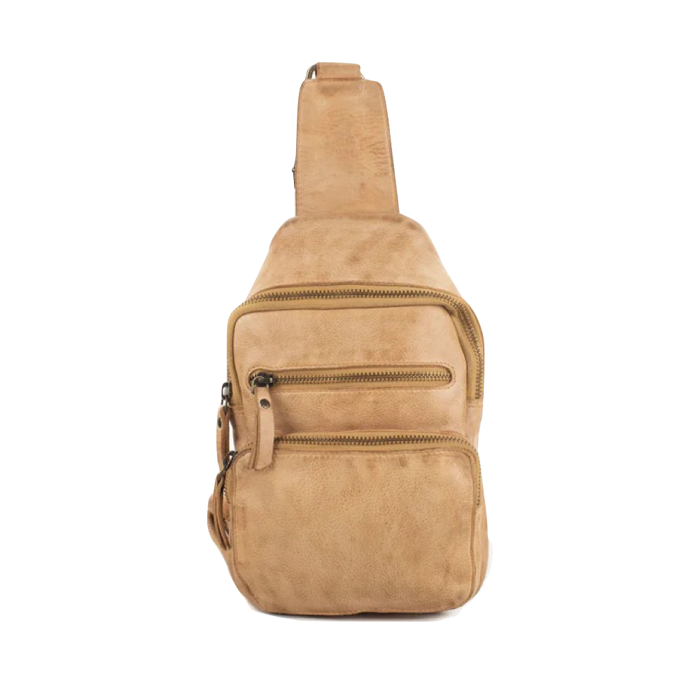 Front view of Milo Martina Leather Sling Backpack in tan.