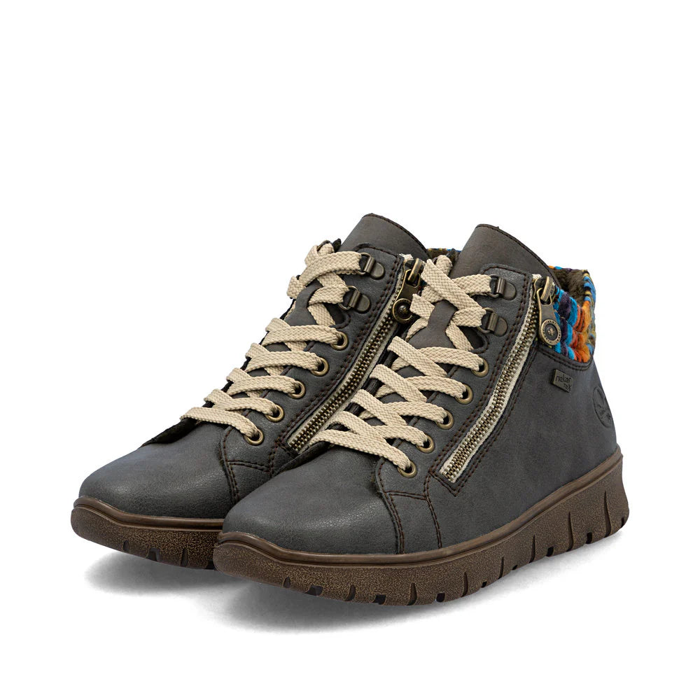 Rieker Women's Heike 05 Mid Side Zip Lace Waterproof Boot in Basalt