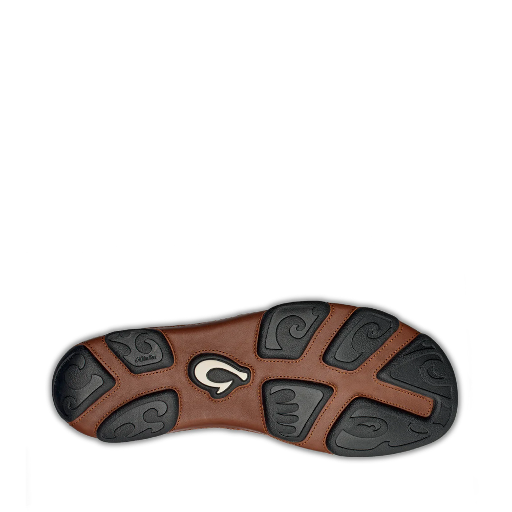 Bottom view of OluKai Moloa Moc Leather Slip On Shoe for men.