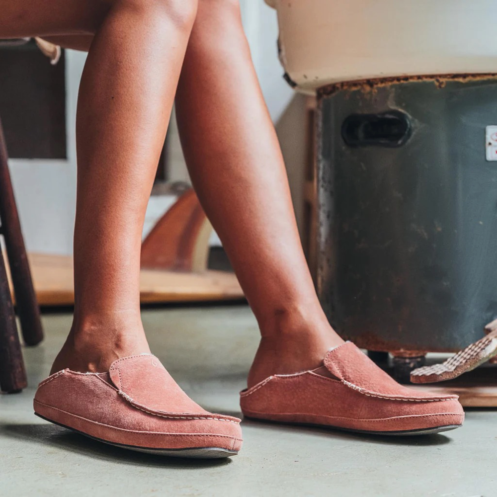 Model view of OluKai Nohea Shearling Lined Slipper for women.