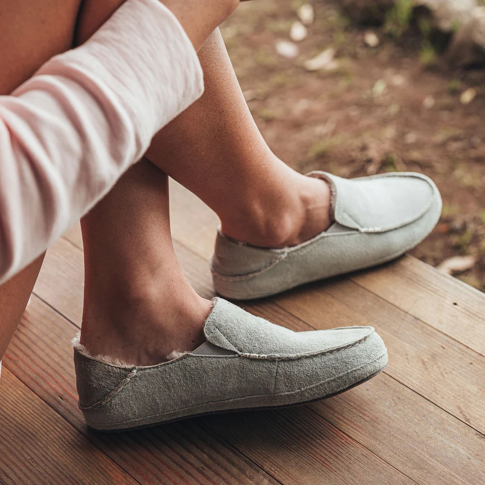 Model view of OluKai Nohea Shearling Lined Slipper for women.