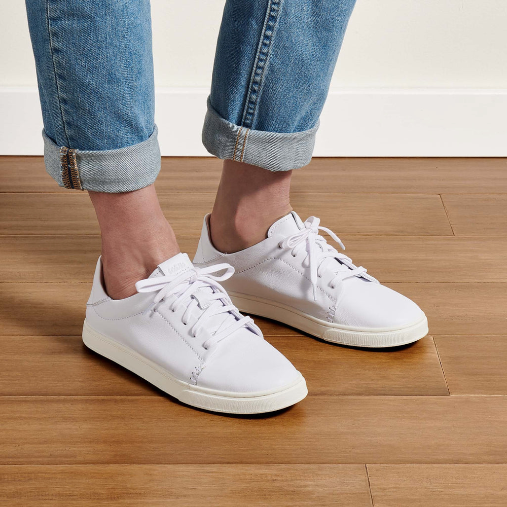 OluKai Women's Pehuea Lī ‘Ili Leather Sneaker in White