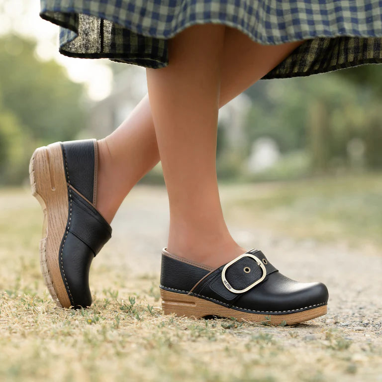 Dansko Women's Pearson Buckle Clog in Black Tumbled Leather