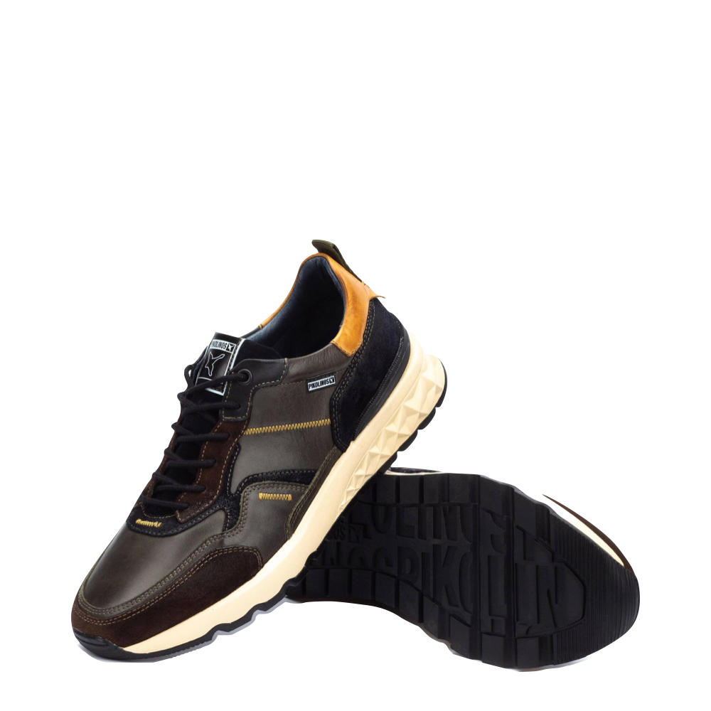 Bottom and side view of Pikolinos Aranda Leather Lace Sneaker for men.
