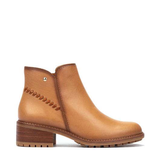 Side (right) view of Pikolinos Medina Side Zip Heeled Leather Boot for women.