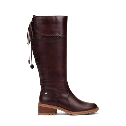 Side (right) view of Pikolinos Medina Tall Leather Heeled Back Lace Boot for women.