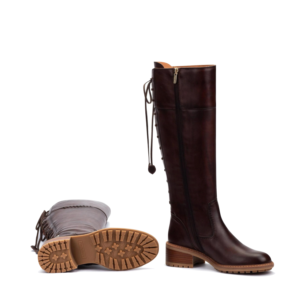 Bottom and Side view of Pikolinos Medina Tall Leather Heeled Back Lace Boot for women.