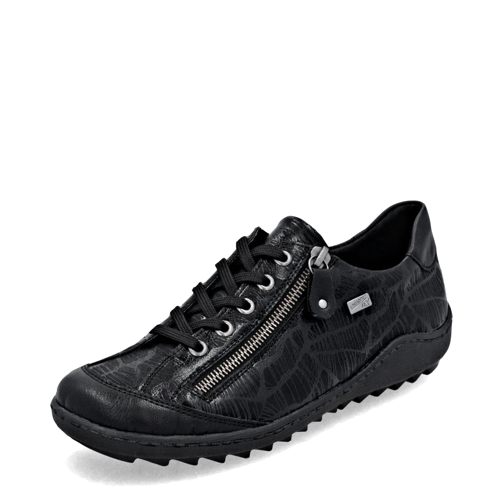 Mudguard and Toe view of Remonte Liv 02 Side Zip Waterproof Lace Sneaker for women.