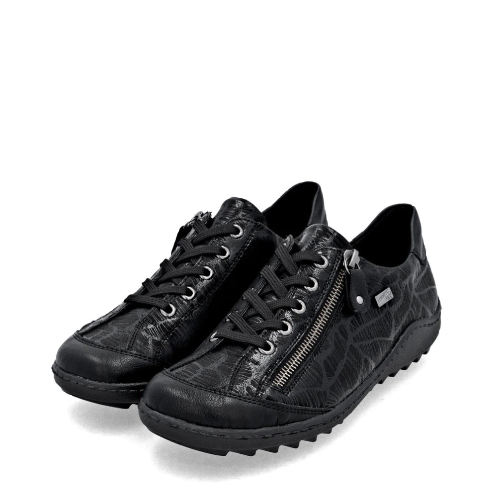 Mudguard and Toe view of Remonte Liv 02 Side Zip Waterproof Lace Sneaker for women.