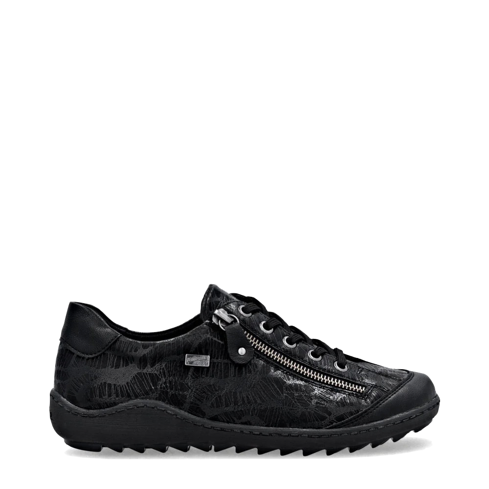 Side (right) view of Remonte Liv 02 Side Zip Waterproof Lace Sneaker for women.