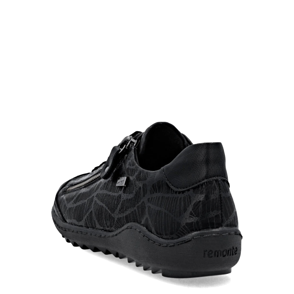 Heel view of Remonte Liv 02 Side Zip Waterproof Lace Sneaker for women.