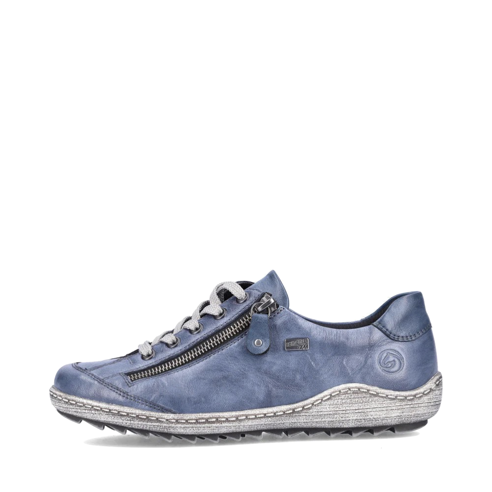 Side (left) view of Remonte Liv 02 Waterproof Side Zip Leather Lace Sneaker for women.
