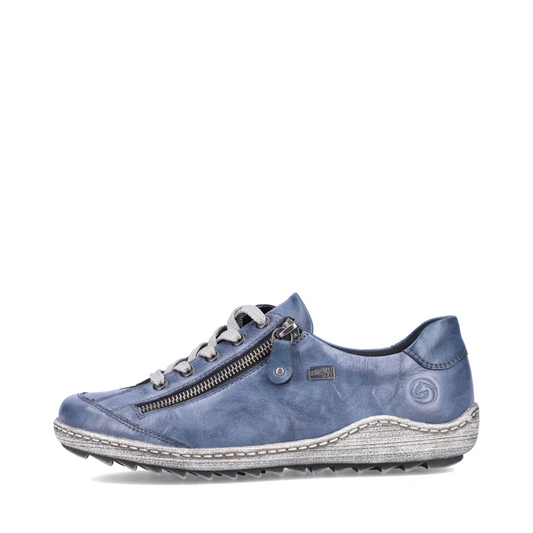 Side (left) view of Remonte Liv 02 Waterproof Side Zip Leather Lace Sneaker for women.
