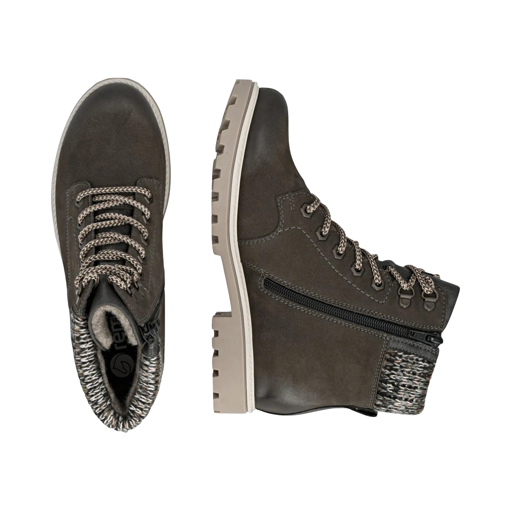 Top-down and side view of Remonte Samira 87 Side Zip Waterproof Lace Boot for women.
