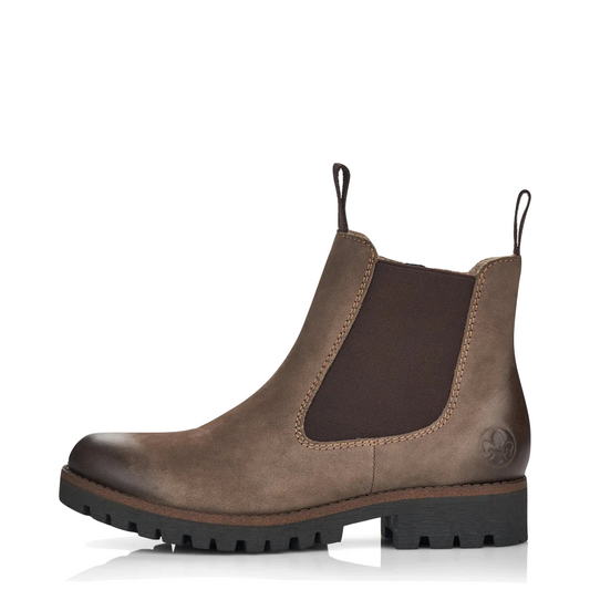 Side (left) view of Rieker 70 Chelsea Side Zip Suede Boot for women.