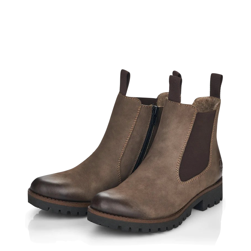 Mudguard and Toe view of Rieker 70 Chelsea Side Zip Suede Boot for women.