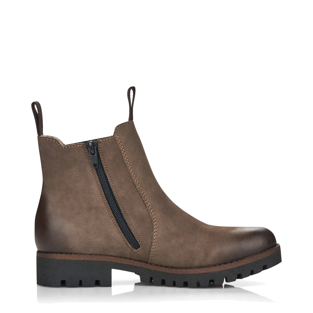 Side (right) view of Rieker 70 Chelsea Side Zip Suede Boot for women.