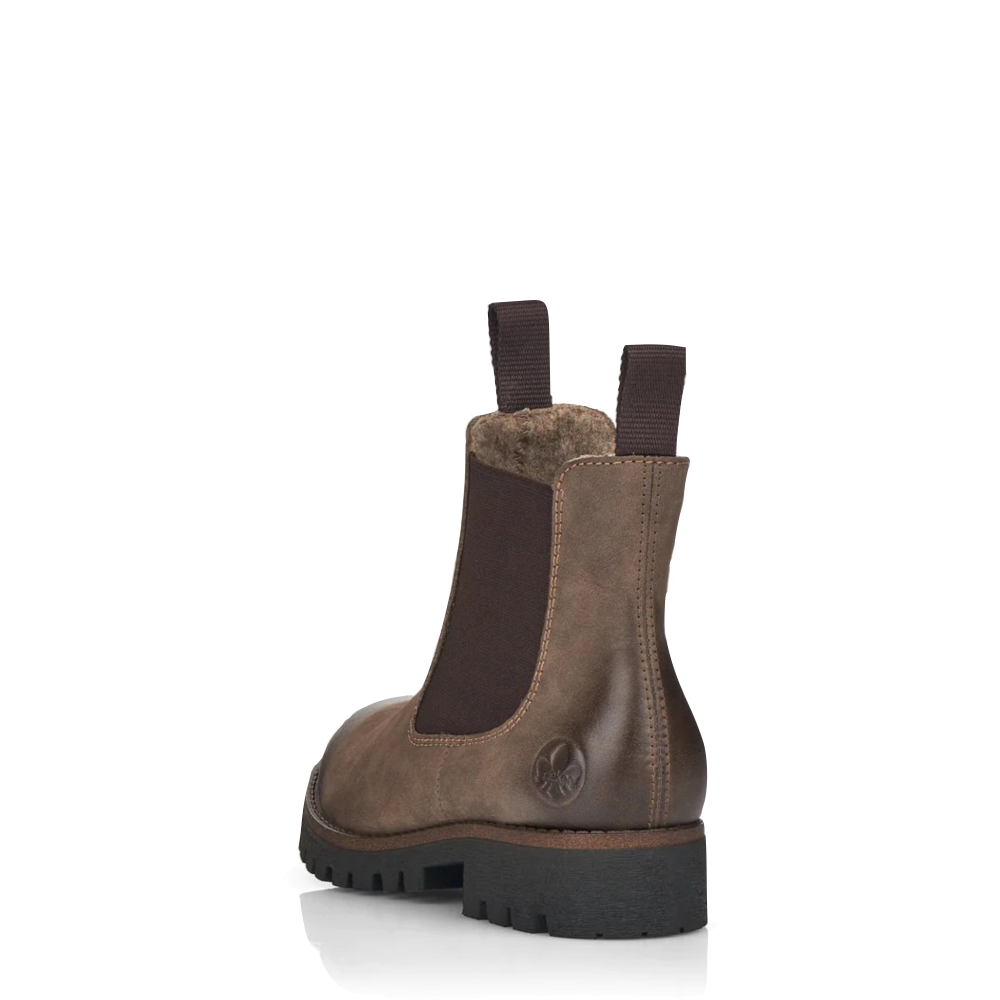 Heel view of Rieker 70 Chelsea Side Zip Suede Boot for women.