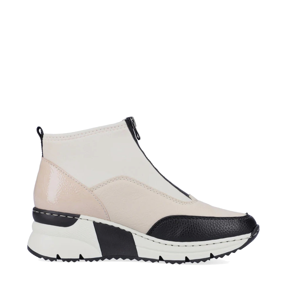 Side (right) view of Rieker Kitty 52 Front Zip Wedge Boot for women.