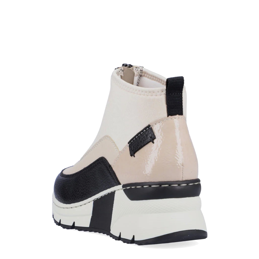 Heel view of Rieker Kitty 52 Front Zip Wedge Boot for women.