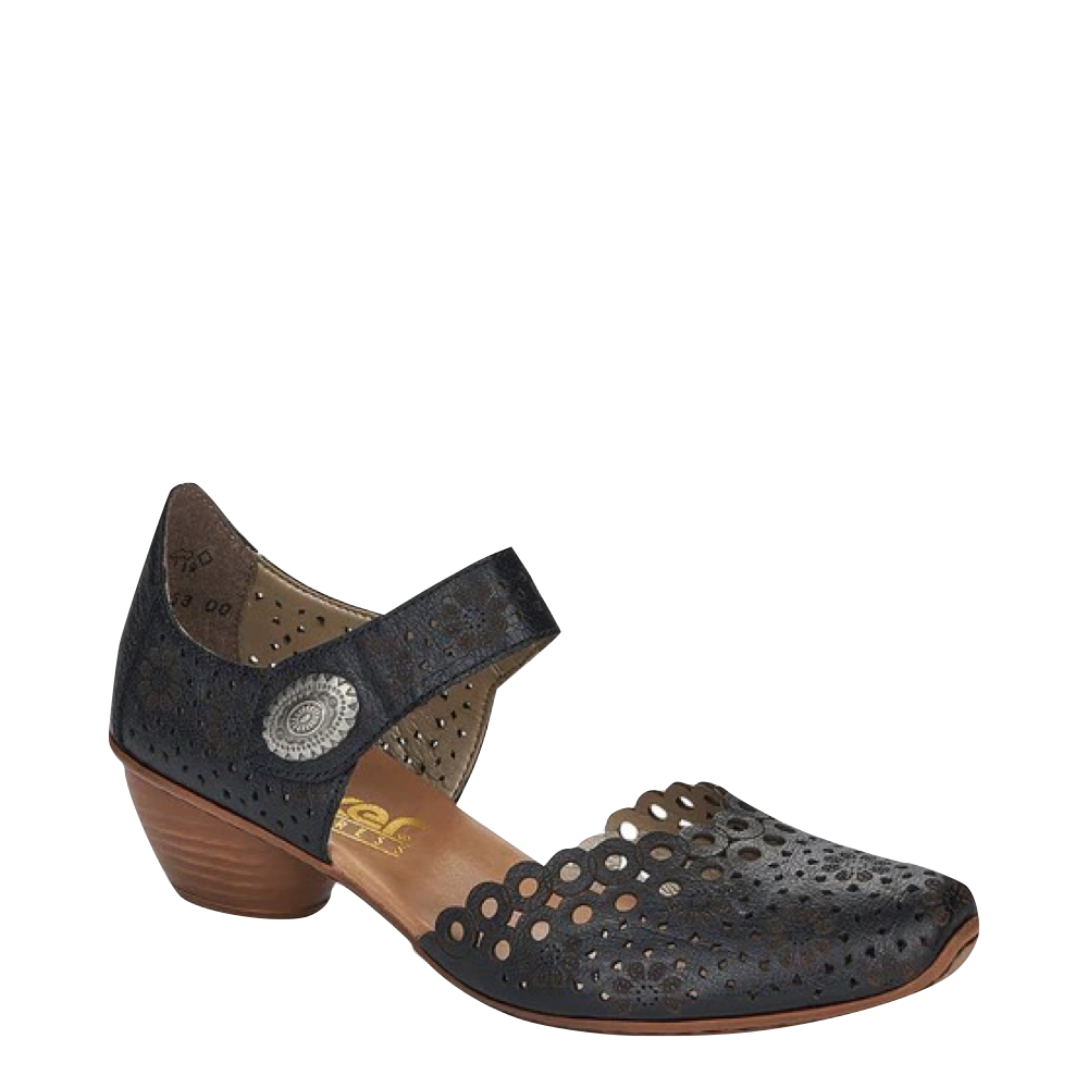 Mudguard and Toe view of Rieker Mirjam 53 Heeled Mary Jane for women.