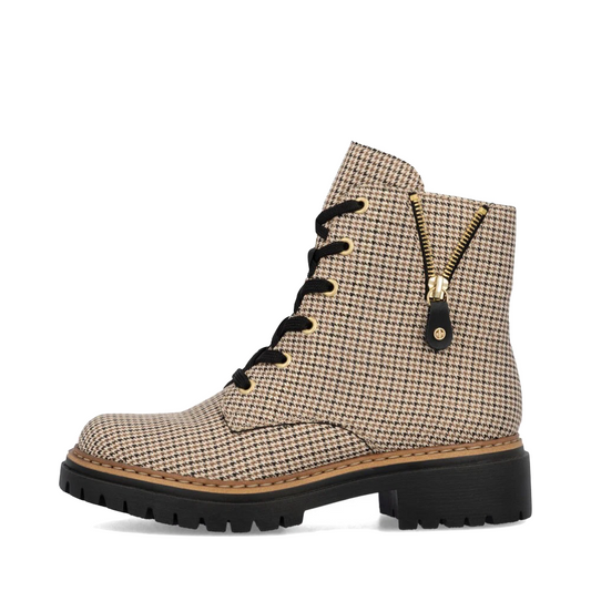 Side (left) view of Rieker Pearl 17 Plaid Side Zip Lace Boot for women.
