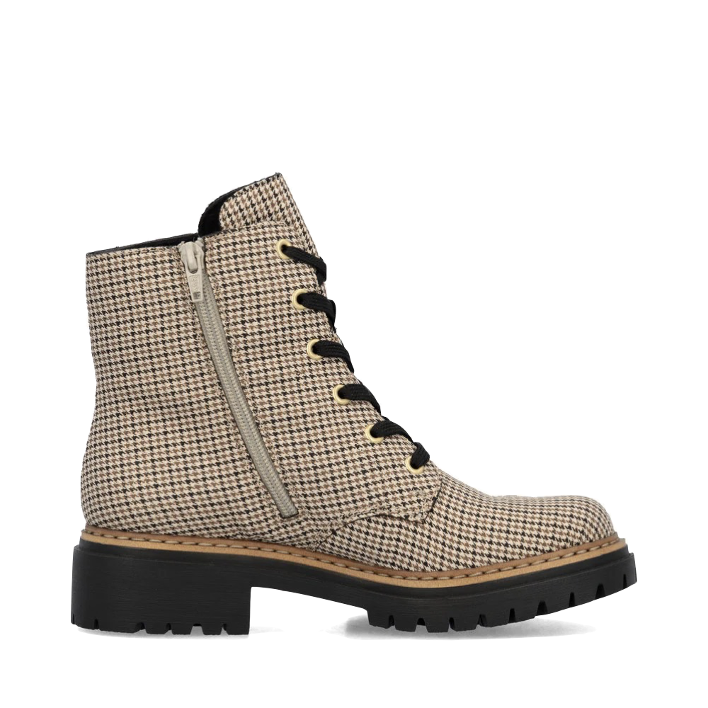 Side (right) view of Rieker Pearl 17 Plaid Side Zip Lace Boot for women.