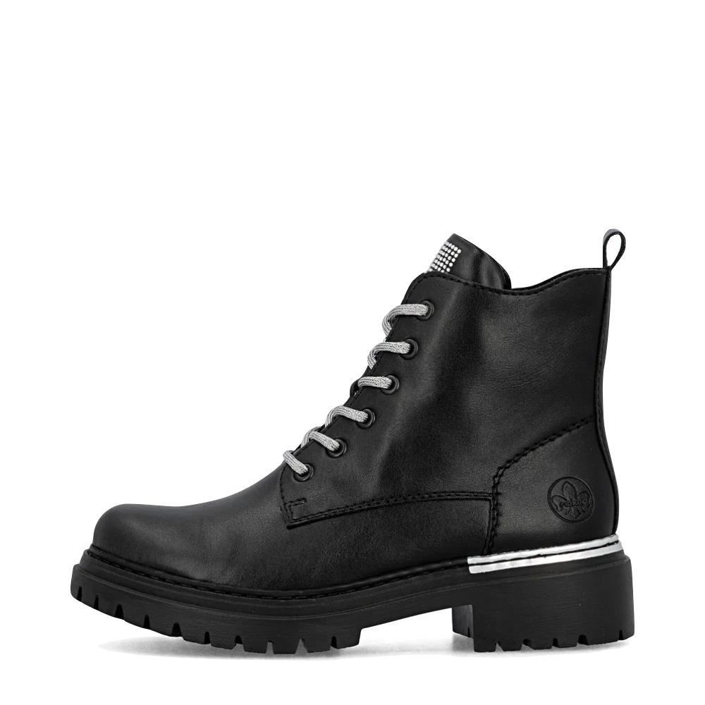 Side (left) view of Rieker Pearl 20 Side Zip Lace Boot for women.