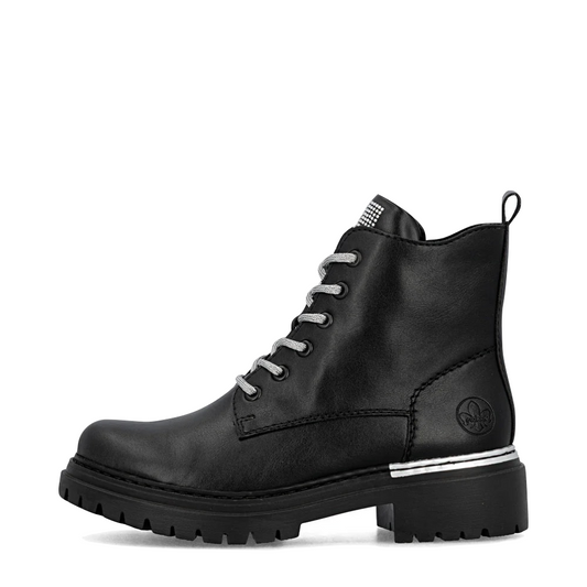 Side (left) view of Rieker Pearl 20 Side Zip Lace Boot for women.