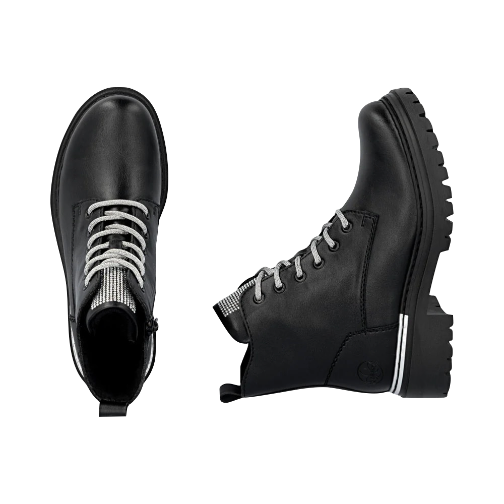 Top-down and side view of Rieker Pearl 20 Side Zip Lace Boot for women.