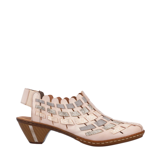 Side (right) view of Rieker Sina 78 Woven Heeled Slingback for women.