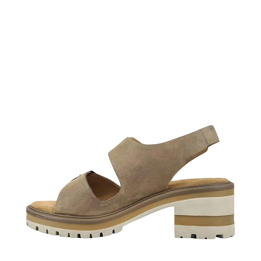 Side (left) view of Salvia Honey Heel Nubuck Sandal for women.