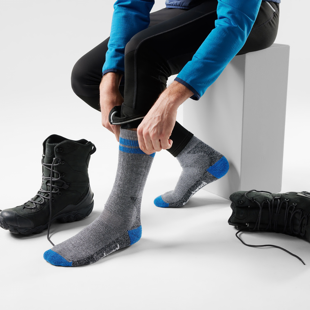 Model view of Smartwool Mountaineer Tall Crew Socks for men.