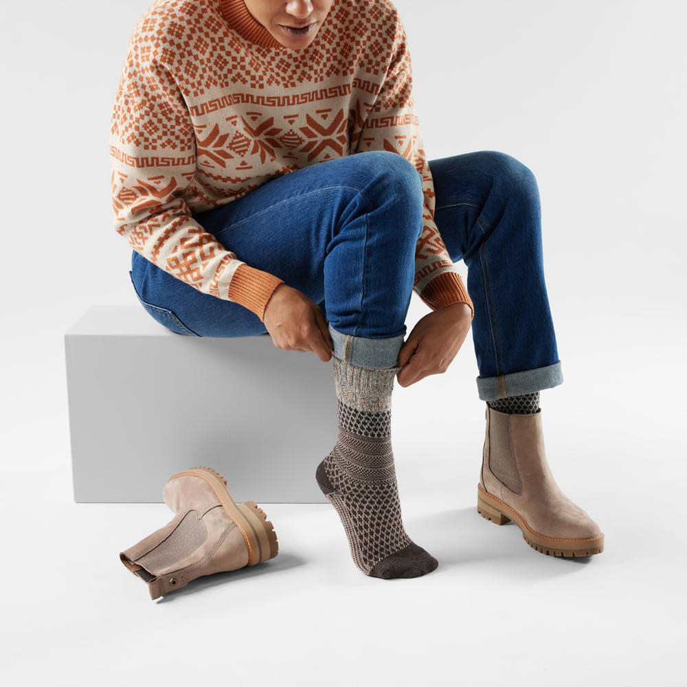 Model view of Smartwool Everyday Popcorn Cable Full Cushion Crew Sock for women.