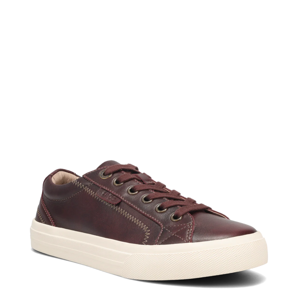 Mudguard and Toe view of Taos Plum Soul Lux Leather Sneaker for women.