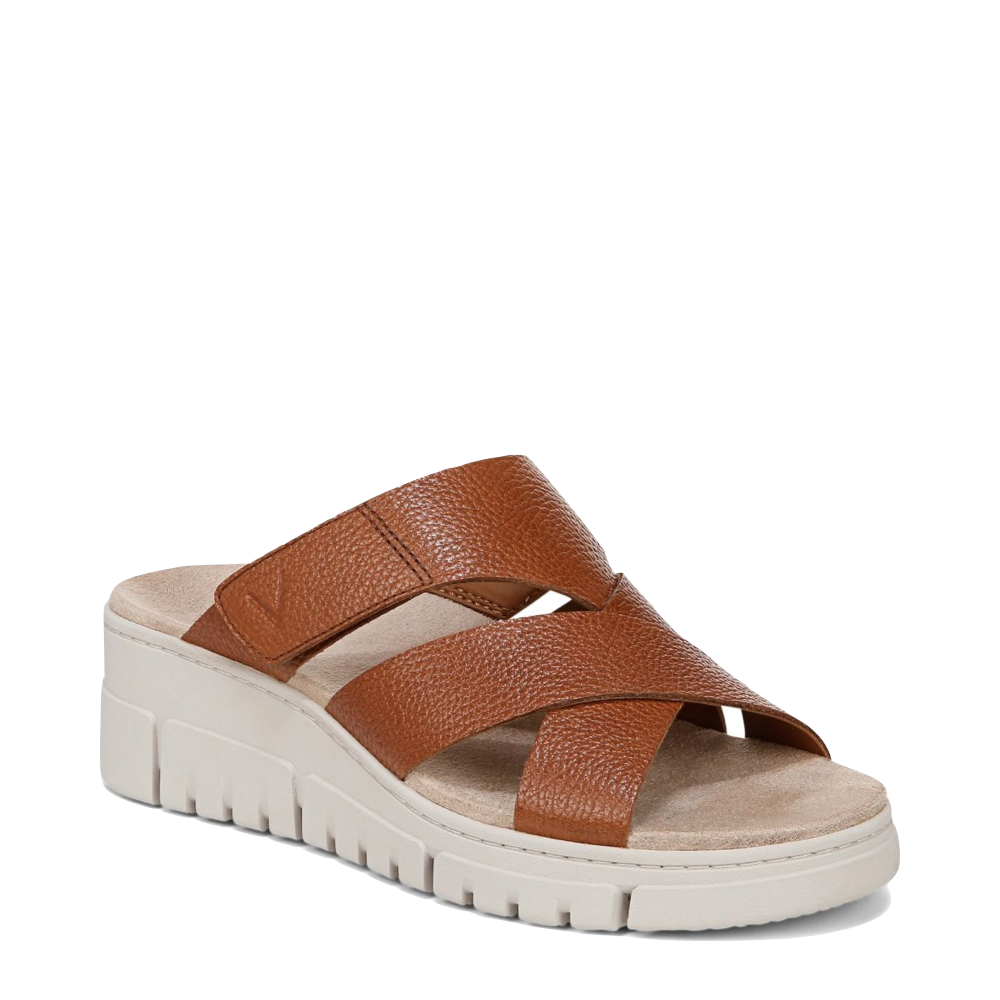 Toe view of Vionic Uptown Sunset Leather Slide Wedge Sandal for women.