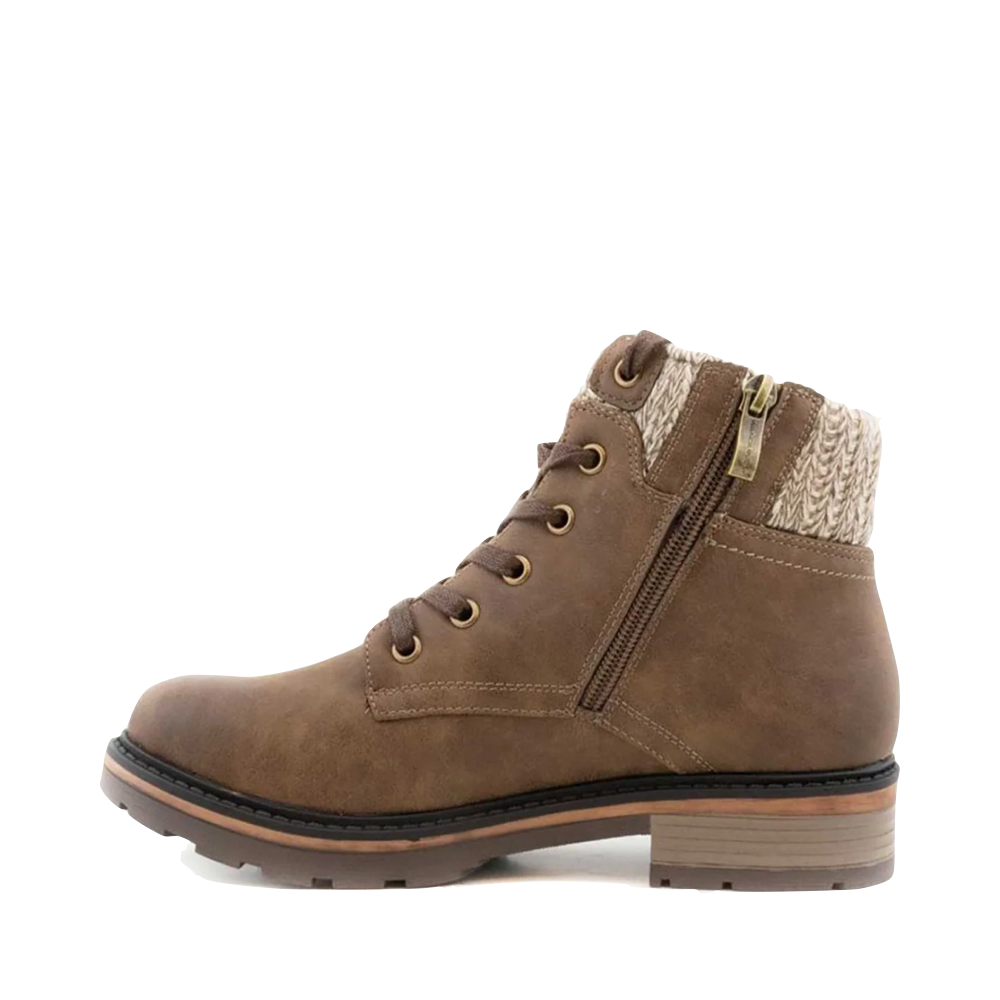 Side (left) view of Wanderlust Amy Knit Cuff Waterproof Lace Boot for women.