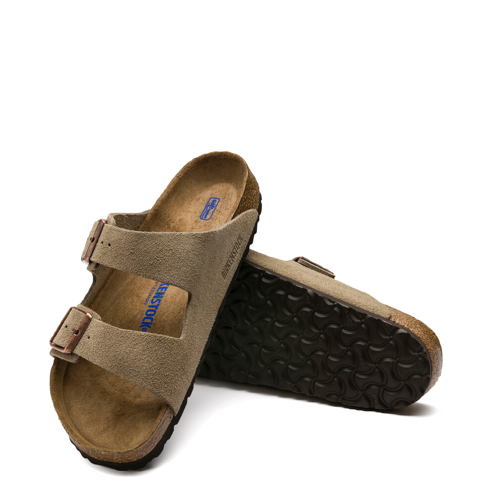 Top-down and bottom view of Birkenstock Arizona Suede Soft Footbed Sandal for unisex.