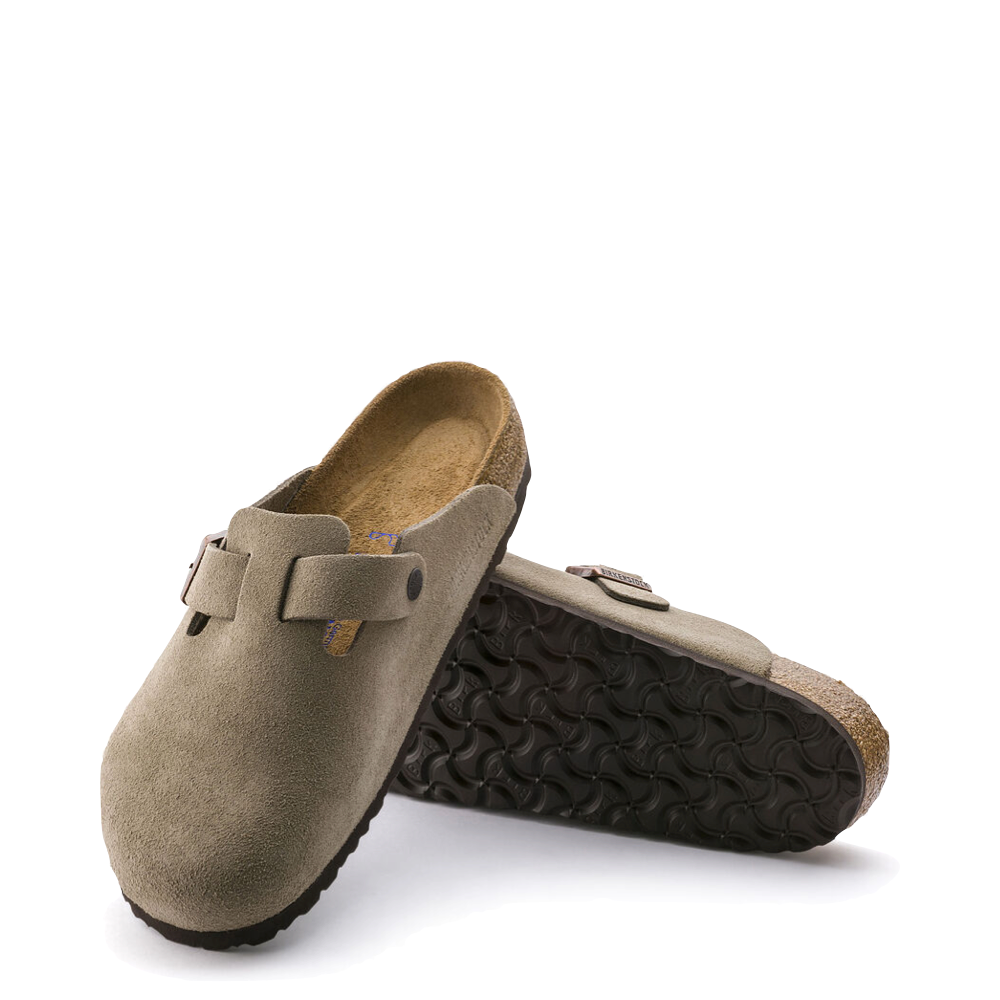 Side and bottom view of Birkenstock Boston Suede Leather Soft Footbed Clog for women.
